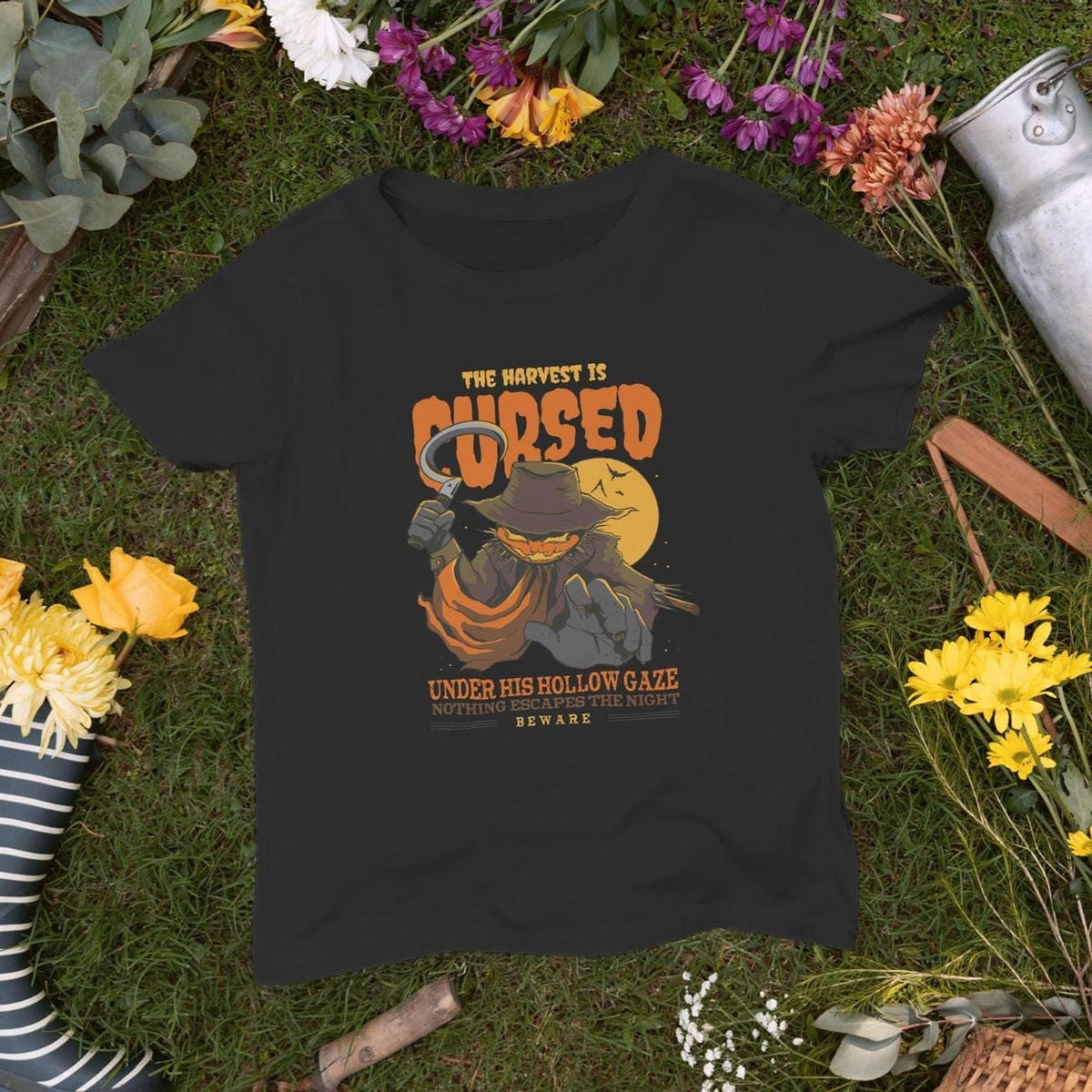 Halloween Scarecrow T-Shirt, Black Cotton Unisex Horror Graphic Tee