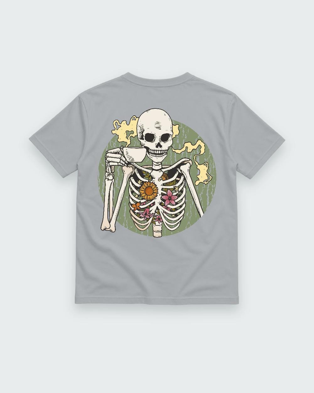 Sport Grey T-shirt back with coffee-drinking skeleton with flowers graphic