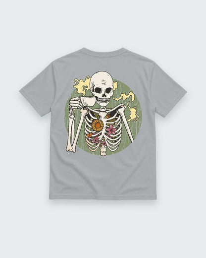 Sport Grey T-shirt back with coffee-drinking skeleton with flowers graphic