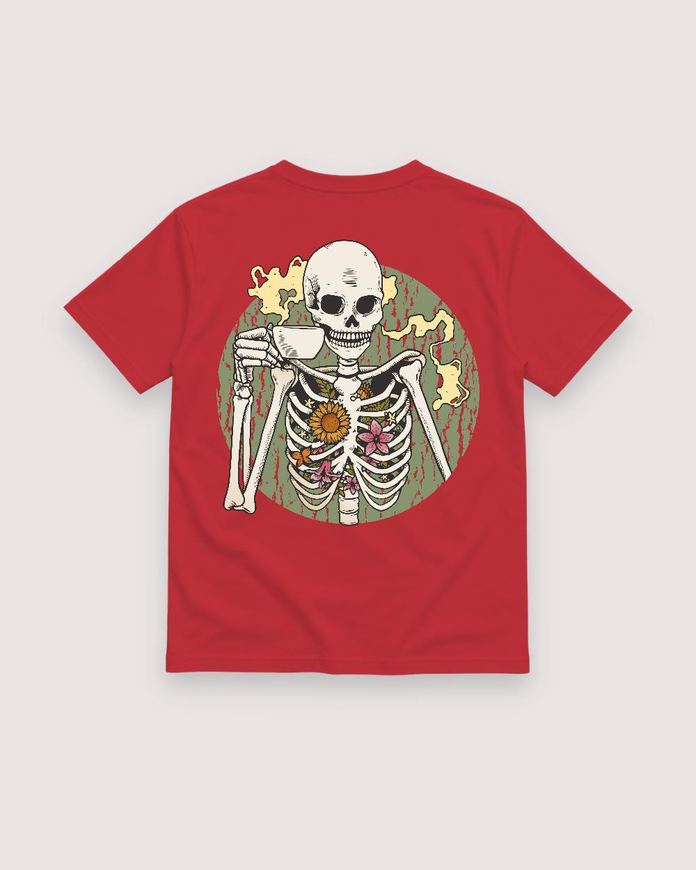 Red T-shirt back with coffee-drinking skeleton with flowers graphic