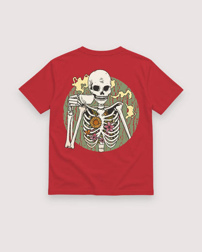 Red T-shirt back with coffee-drinking skeleton with flowers graphic