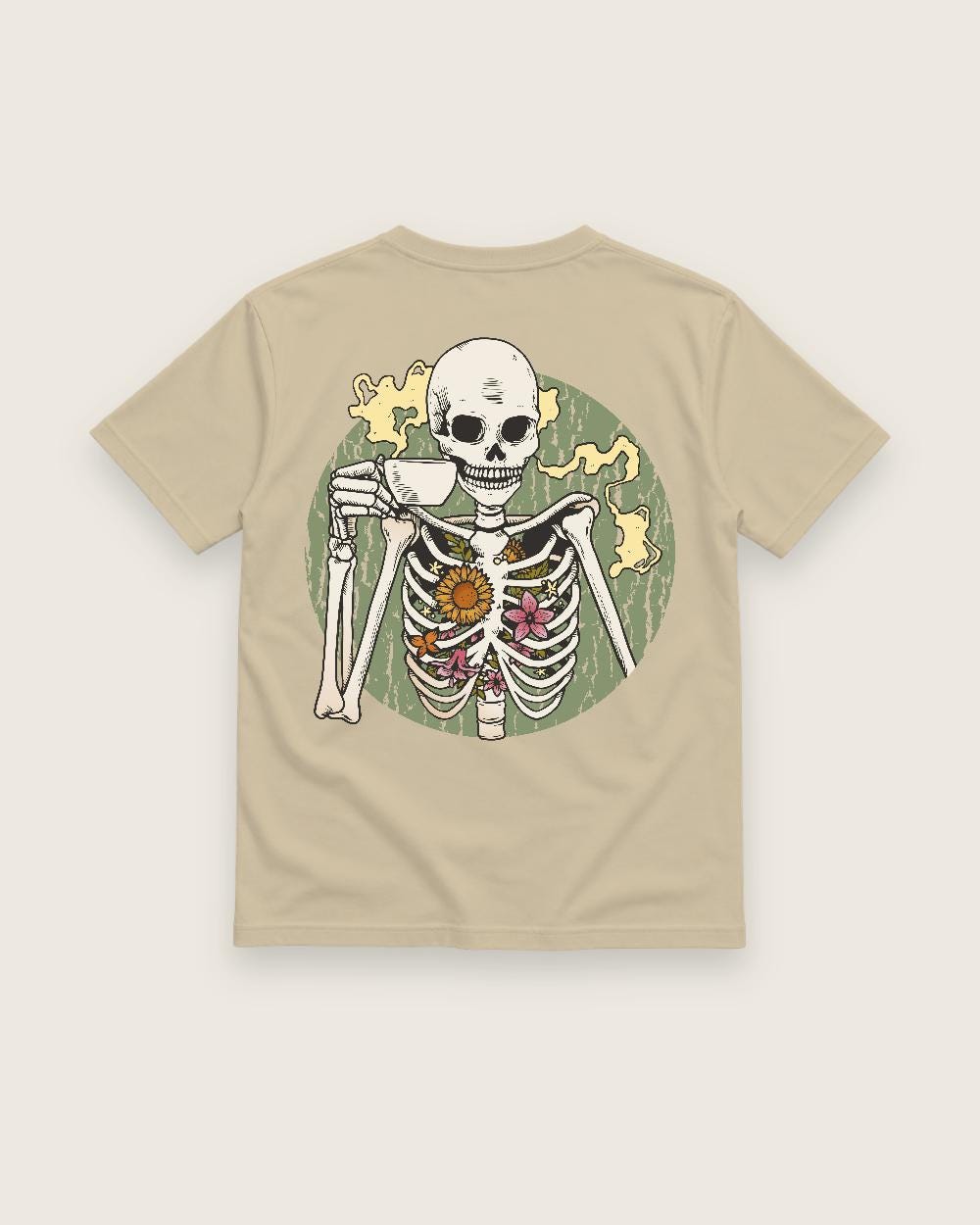 Sand T-shirt back with coffee-drinking skeleton with flowers graphic