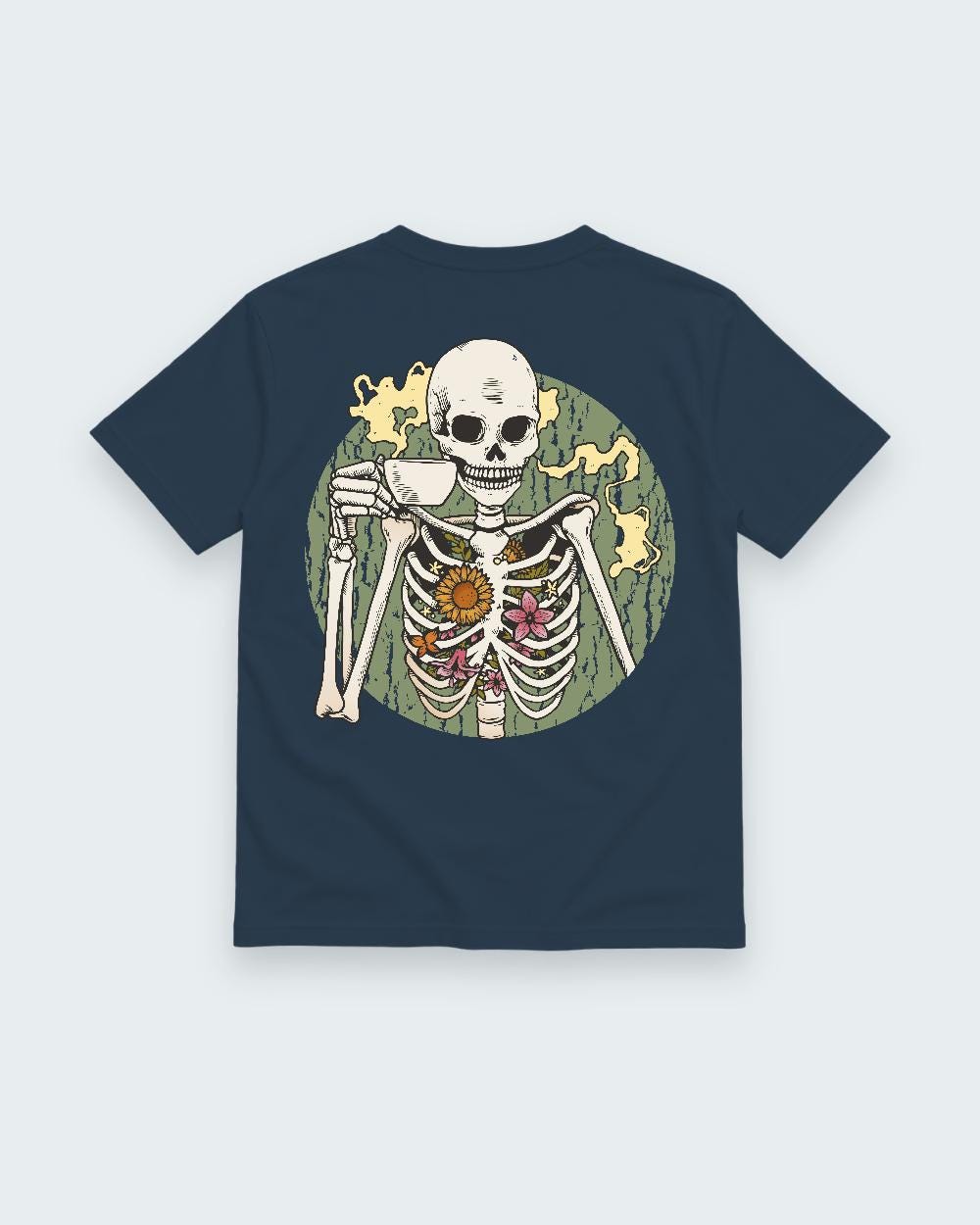 Navy T-shirt back with coffee-drinking skeleton with flowers graphic