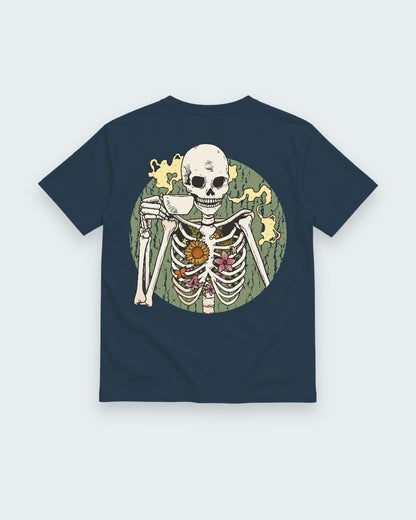 Navy T-shirt back with coffee-drinking skeleton with flowers graphic
