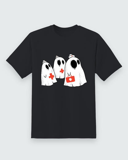 Black T-shirt front with three nurse ghosts graphic