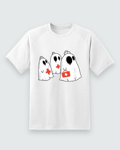 White T-shirt front with three nurse ghosts graphic