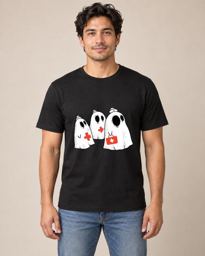 Man modeling black T-shirt front with three nurse ghosts graphic