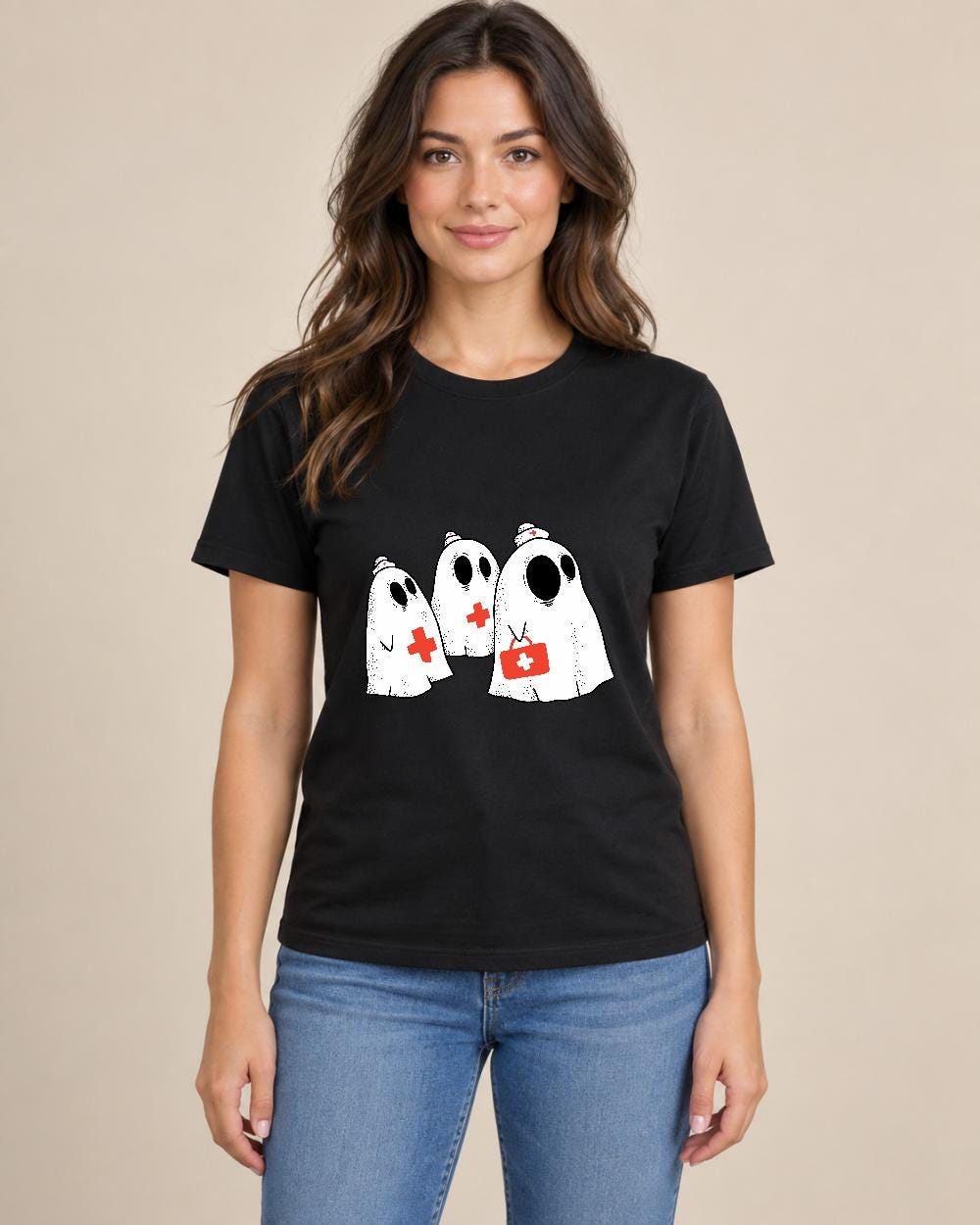 Woman modeling black T-shirt front with three nurse ghosts graphic