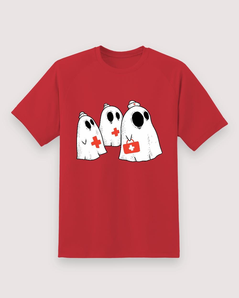 Red T-shirt front with three nurse ghosts graphic