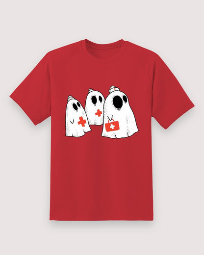 Red T-shirt front with three nurse ghosts graphic