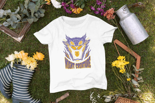 Night Creature Shirt, Purple And Gold Horror Graphic Tee, Unisex Halloween T-Shirt