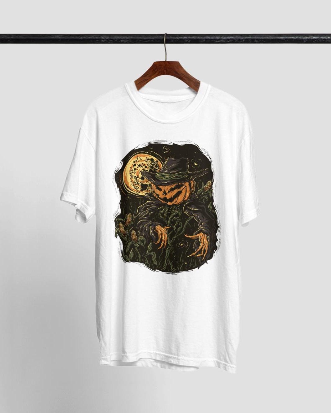 Pumpkin Scarecrow Halloween Shirt, Vintage Horror Graphic Tee, Midnight Harvest