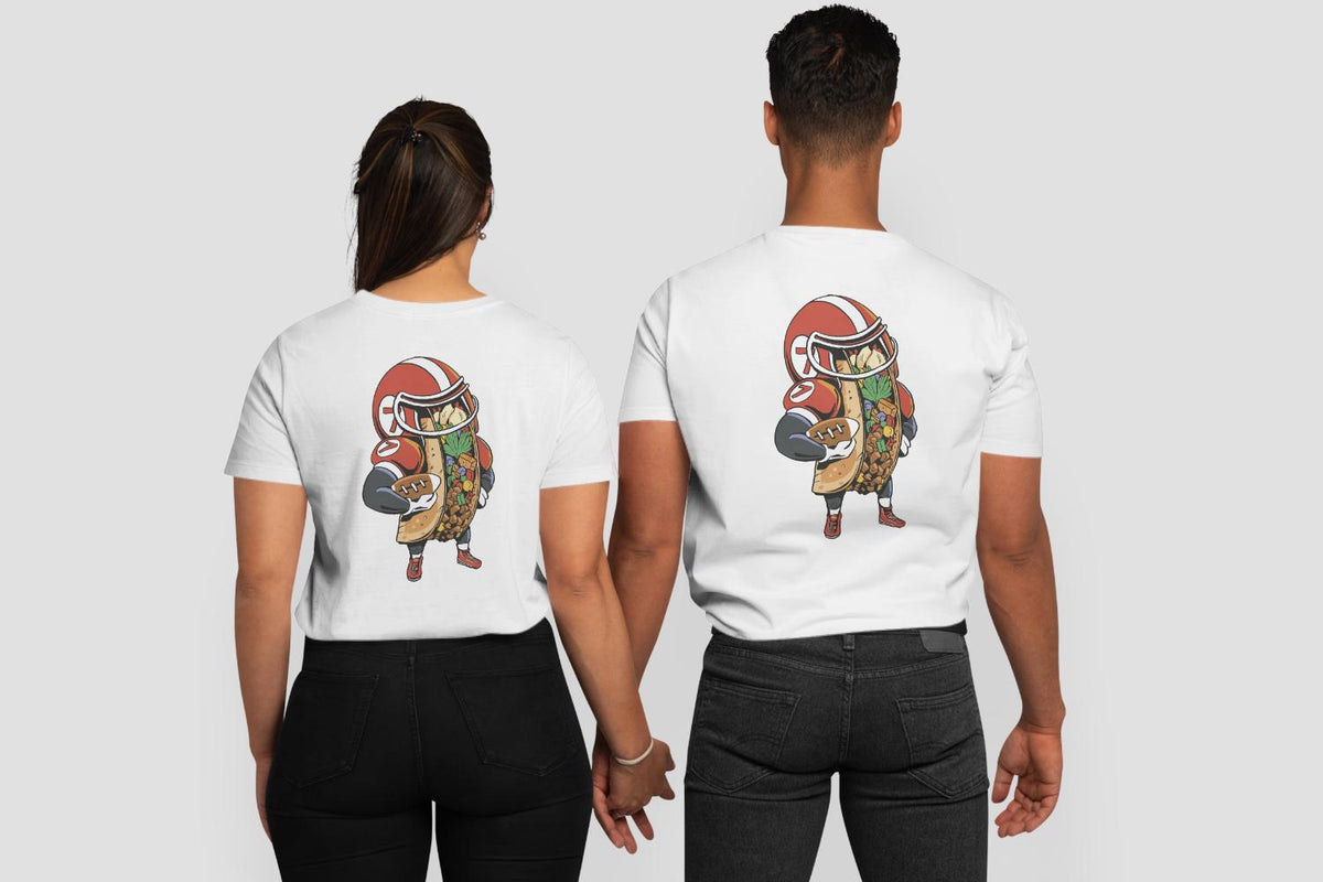 Funny Football Taco Shirt, Game Day Graphic Tee, Tailgate T-Shirt, Taco Lover Gift, Unisex Back Print Shirt