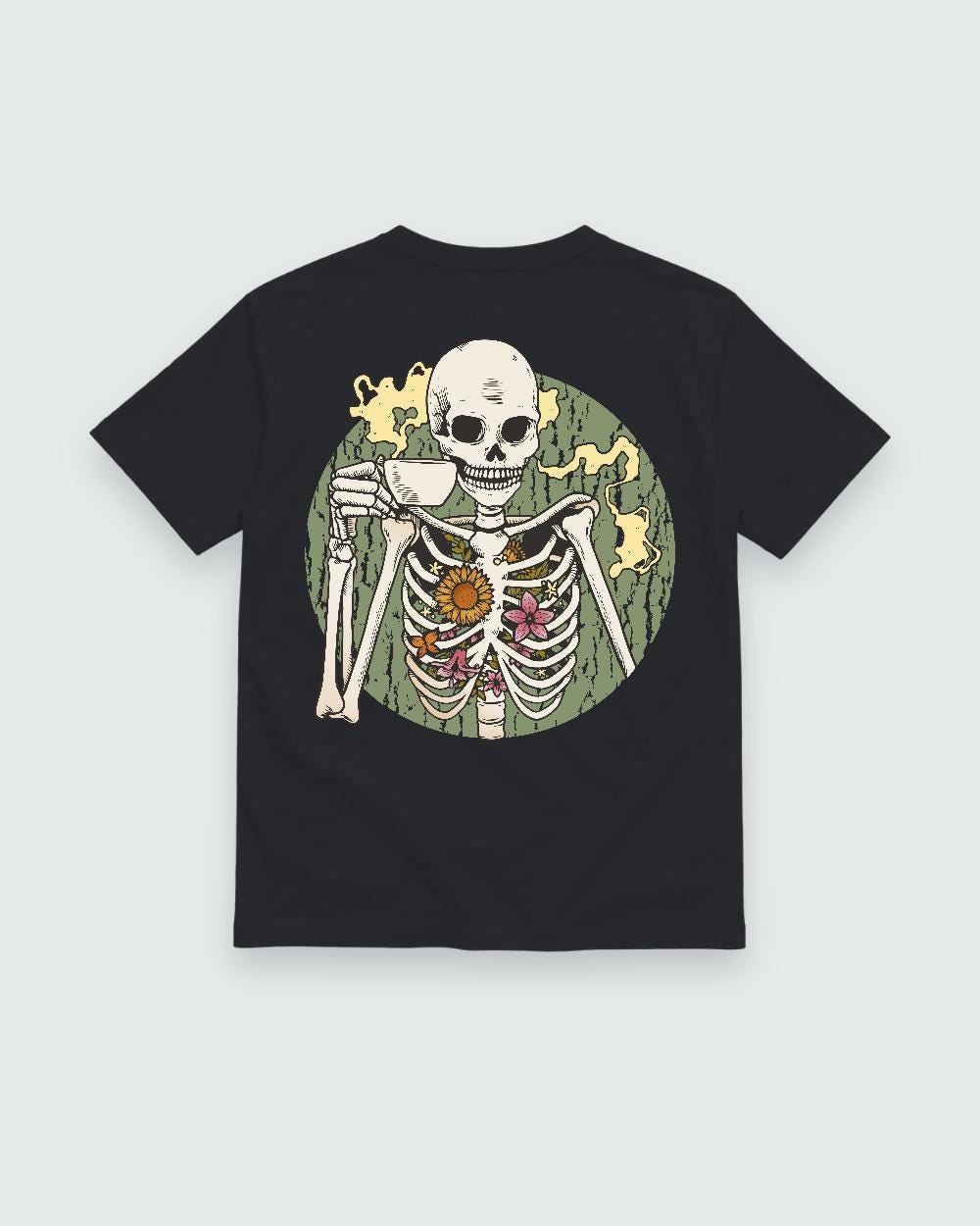 Black T-shirt back with coffee-drinking skeleton with flowers graphic