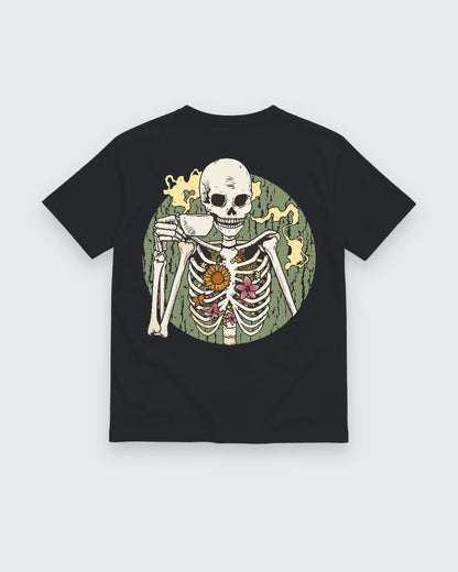 Black T-shirt back with coffee-drinking skeleton with flowers graphic