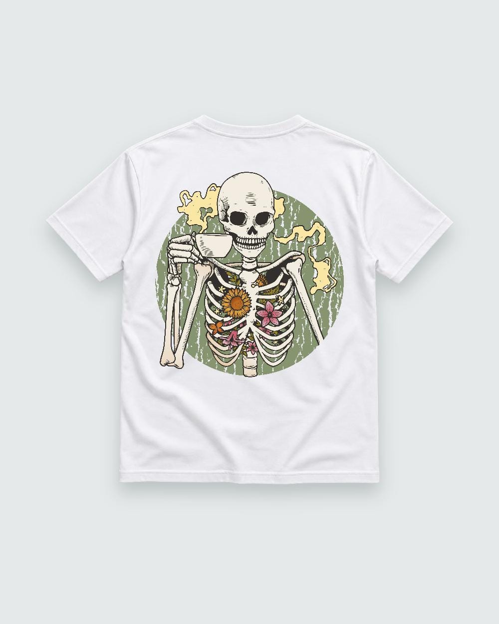 White T-shirt back with coffee-drinking skeleton with flowers graphic