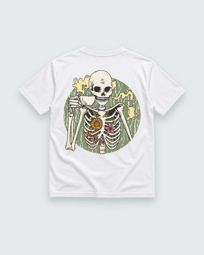 White T-shirt back with coffee-drinking skeleton with flowers graphic
