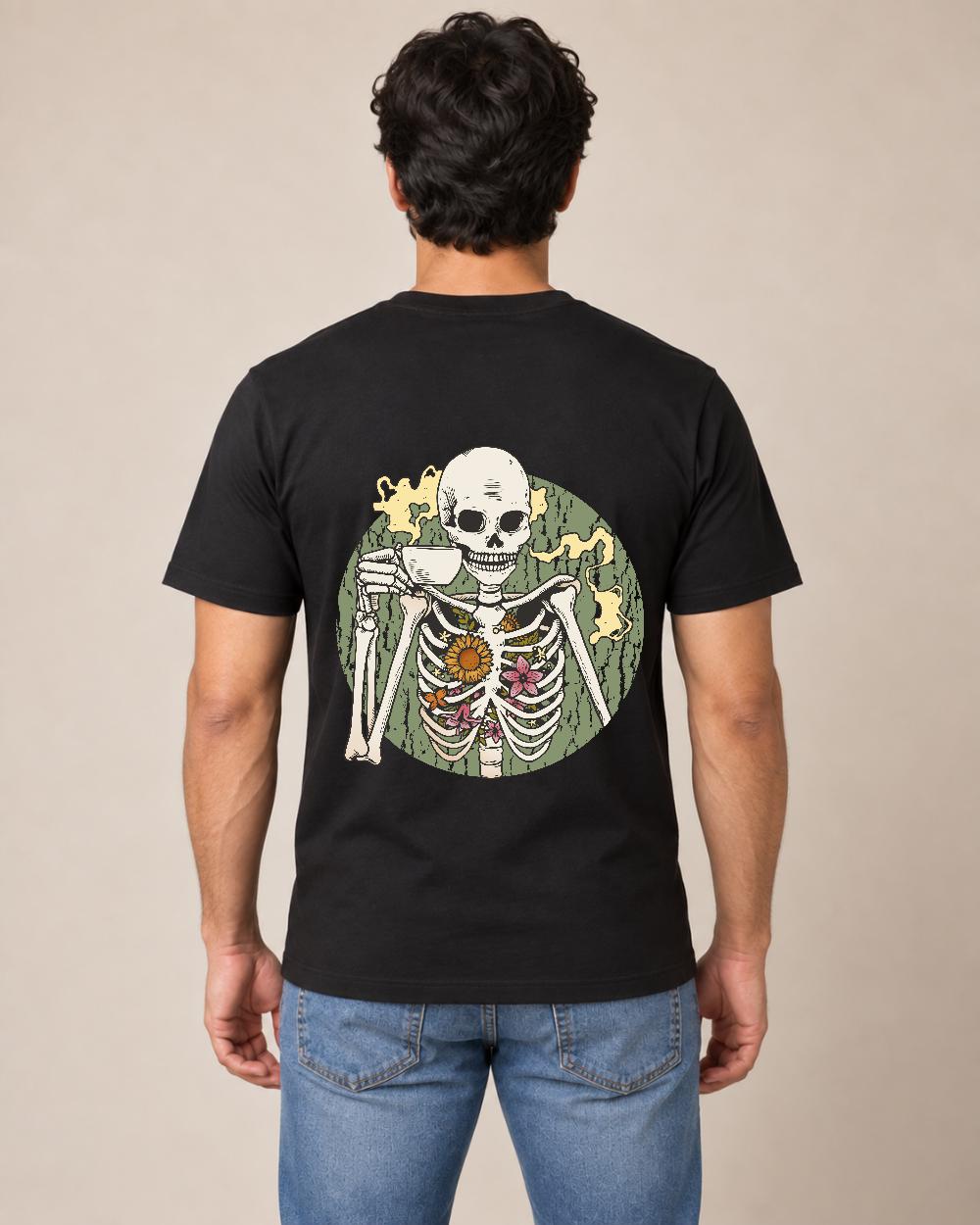 Man modeling black T-shirt back with coffee-drinking skeleton with flowers graphic