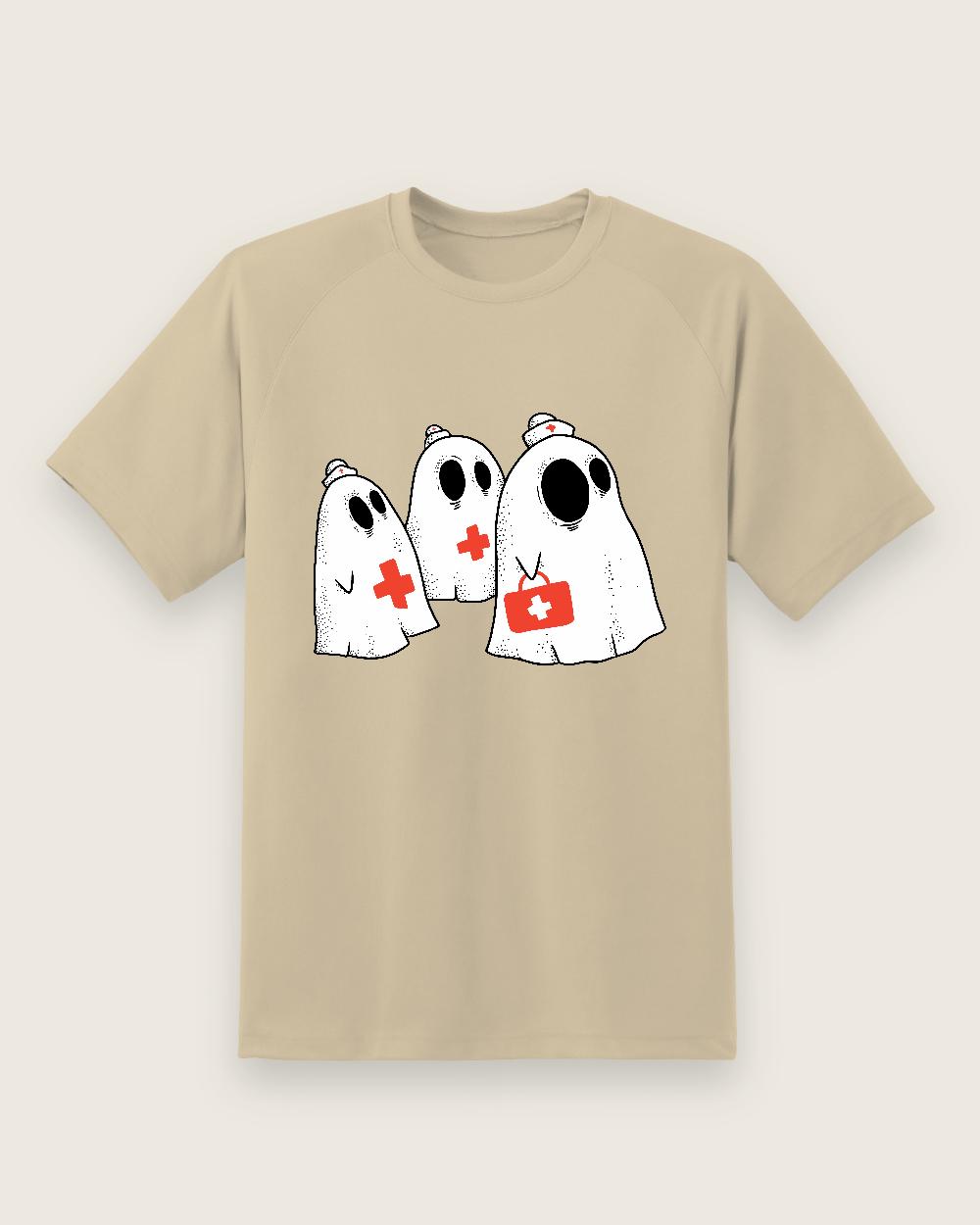 Sand T-shirt front with three nurse ghosts graphic