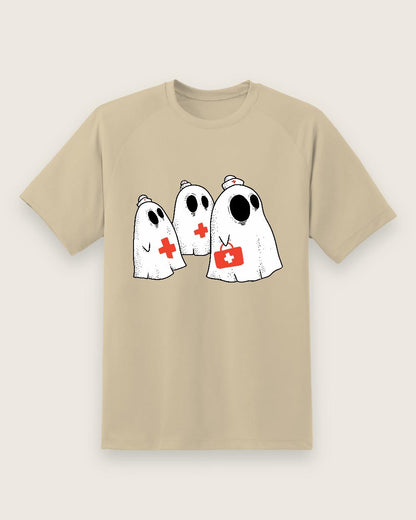Sand T-shirt front with three nurse ghosts graphic