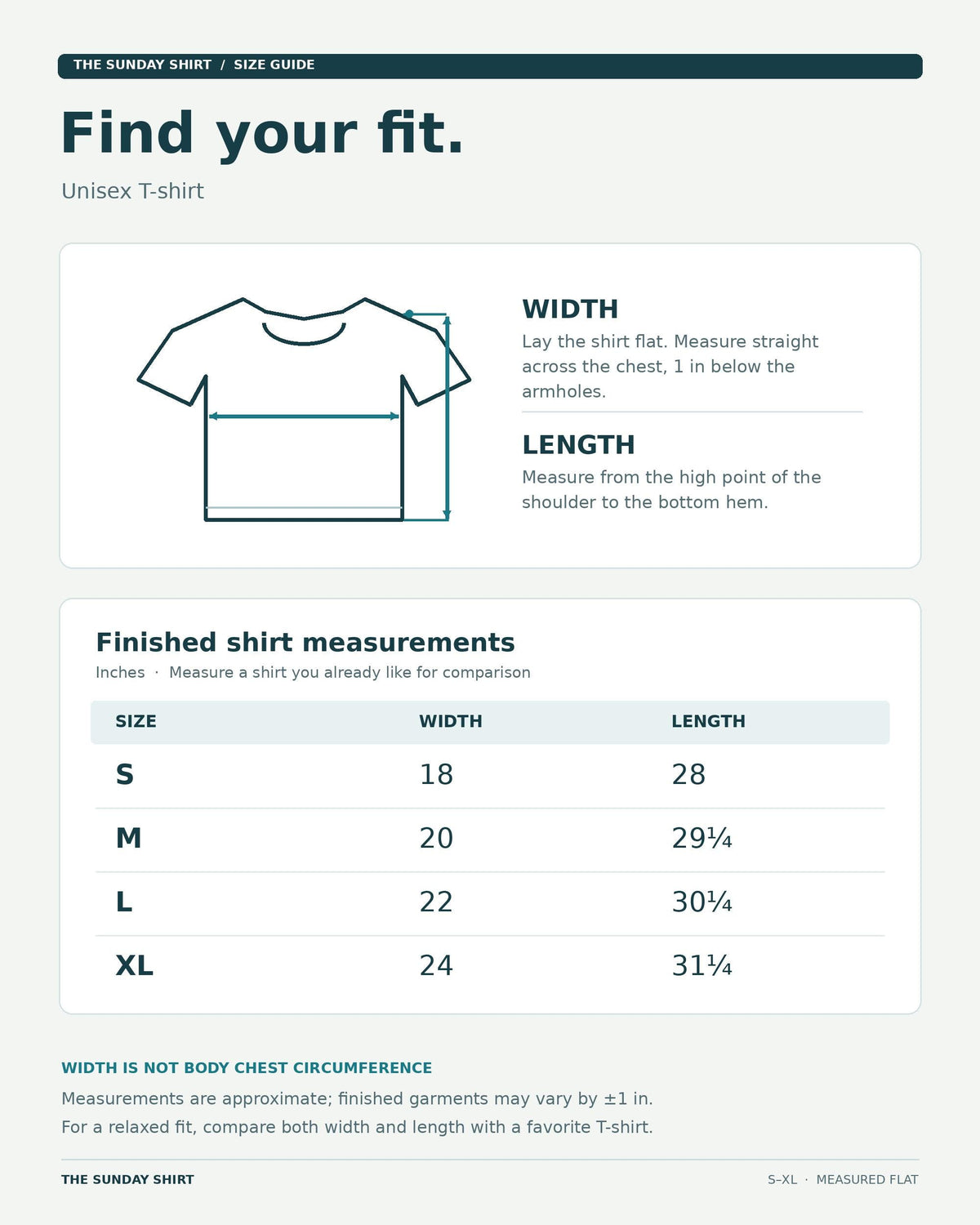 Unisex T-shirt size chart showing width and length for sizes S to XL