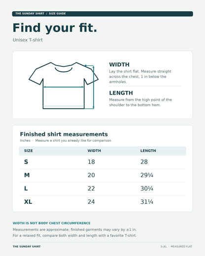 Unisex T-shirt size chart showing width and length for sizes S to XL