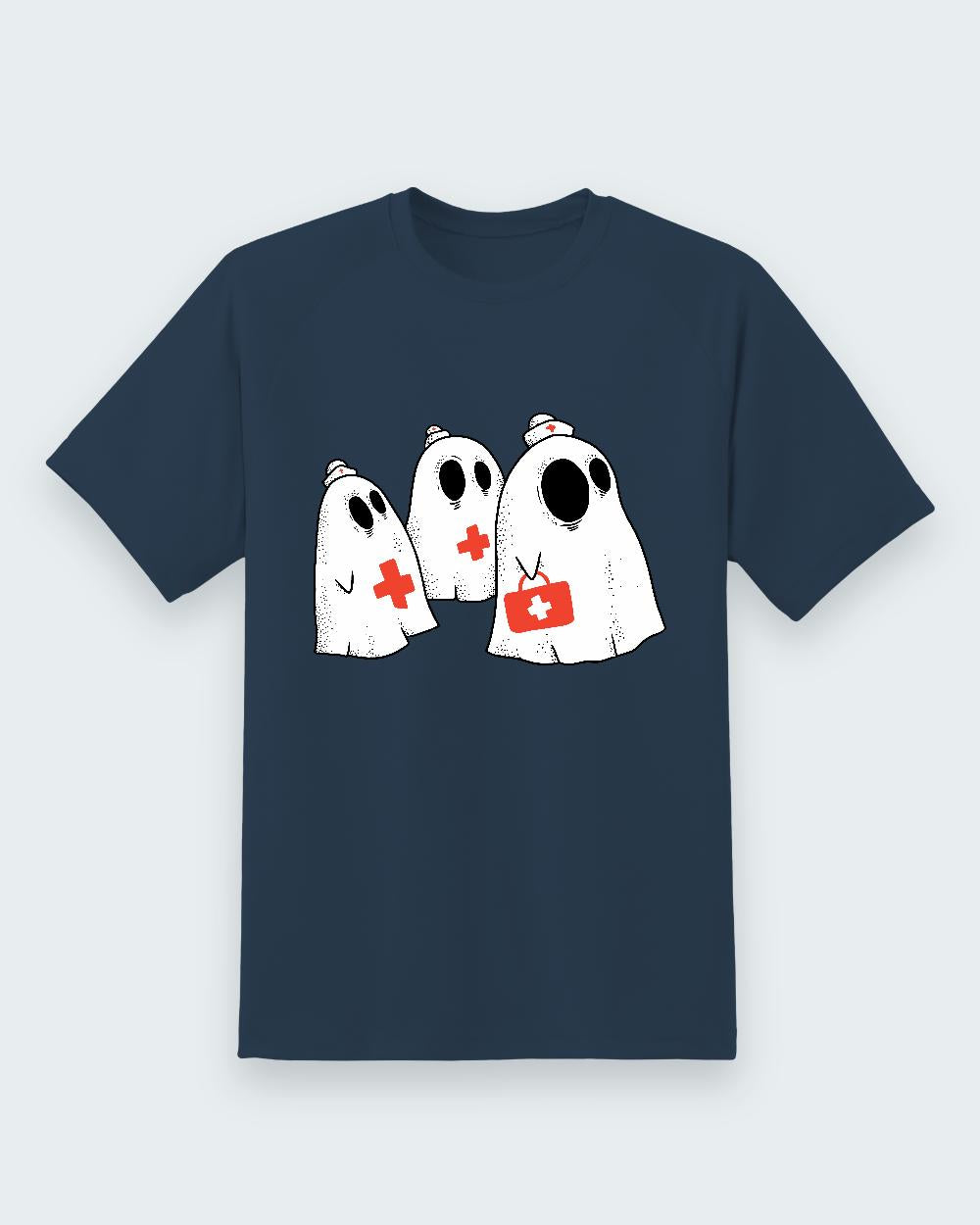 Navy T-shirt front with three nurse ghosts graphic